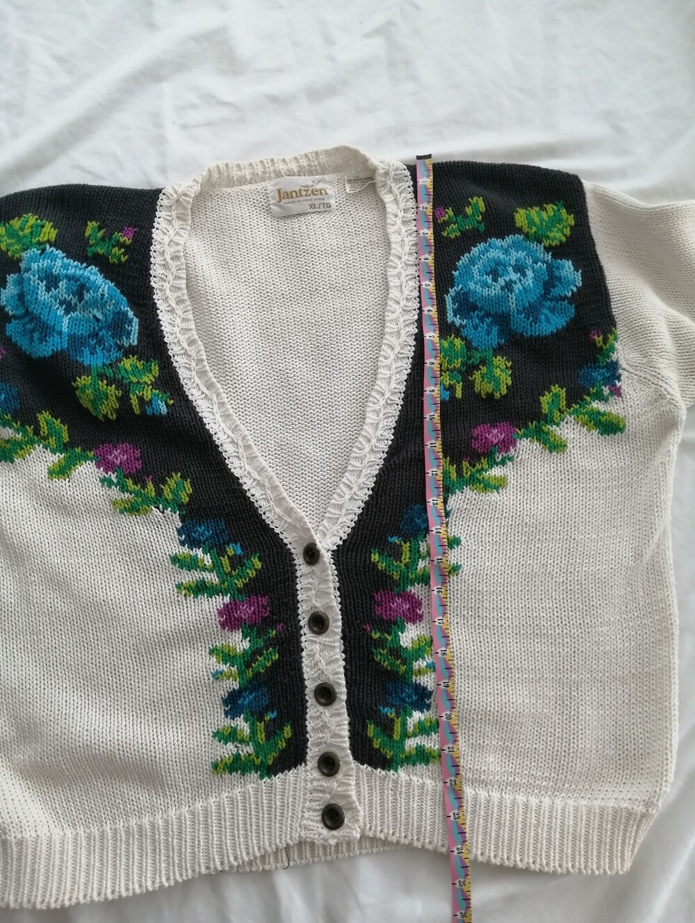 Vintage 90s Jantzen Rose Floral Knit Button Cardigan Cream Colourblock XL - Picture 15 of 17